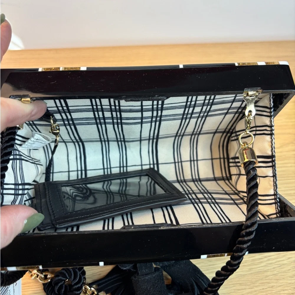 ISTI Acrylic Black White & Gold‎ Glitter Striped Bag NWT Chain/Rope Strap